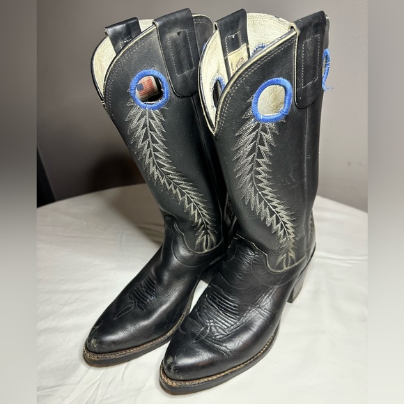 Black and Blue Cowboy Boots with Decorative Stitching - Picture 1 of 6
